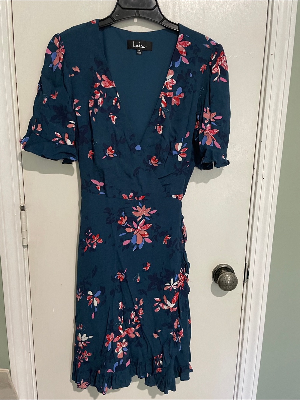 Lulu's Teal Floral Wrap-Style Dress with Puff Sleeves
